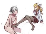  1boy 1girl alternate_costume artist_request blonde_hair bow clothed_female_nude_male faceless faceless_male feet femdom finger_in_mouth fire_emblem fire_emblem:_kakusei fire_emblem:awakening foot_job footjob hair_bow large_penis legs mariabel_(fire_emblem) maribelle my_unit my_unit_(fire_emblem:_kakusei) no_shoes pantihose pantyhose penis ringlets robin school_uniform schoolgirl serafuku simple_background sitting sketch skirt sweat tease teasing white_background white_hair 