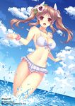  :d bangs bare_arms bikini bikini_skirt blush breasts brown_hair cleavage cloud day dutch_angle eyebrows_visible_through_hair flower hair_flower hair_ornament hair_ribbon horizon jewelry loneteel long_hair looking_at_viewer medium_breasts navel necklace ocean open_mouth outdoors pink_scrunchie ribbon scrunchie sky smile solo splashing swimsuit twintails wading water wet white_bikini 