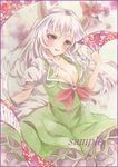  border breasts cleavage colored_pencil_(medium) dress ex-keine gradient gradient_background green_dress head_tilt horn_ribbon horns kamishirasawa_keine large_breasts long_hair looking_at_viewer marker_(medium) open_mouth potto puffy_short_sleeves puffy_sleeves red_eyes ribbon sample scroll short_sleeves silver_hair solo tail touhou traditional_media watercolor_(medium) 