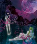  bangs barefoot blue_eyes blue_hair blunt_bangs breasts collarbone flat_chest forest furude_rika green_hair hair_over_breasts highres higurashi_no_naku_koro_ni hime_cut hips large_breasts long_hair looking_at_viewer lying moon multiple_girls nature notebook nude on_side parted_bangs reflection scissors serious smile takano_miyo tree very_long_hair wide_hips zonsters 