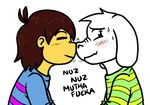  2015 ambiguous_gender asriel_dreemurr blush brown_hair caprine clothing duo english_text fur goat hair human long_ears male mammal monster protagonist_(undertale) text undertale unknown_artist white_fur yellow_skin 