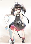  black_hair bone boots clenched_hand dango_remi dress highres long_hair original oversized_object red_eyes ribbon simple_background skull sleeveless sleeveless_dress solo twintails white_background 