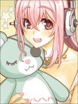  blush fang headphones long_hair looking_at_viewer nitroplus open_mouth pink_hair red_eyes smile solo stuffed_animal stuffed_toy super_sonico teddy_bear toy warai 