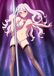  ass_visible_through_thighs blush breast_slip breasts earrings hairband highres idolmaster idolmaster_(classic) jewelry kaimuu_(fahrenheit724) large_breasts long_hair micro_panties navel nipple_slip nipples one_breast_out panties pole pole_dancing purple_eyes shijou_takane shiny shiny_skin silver_hair smile solo stripper stripper_pole thighhighs underwear wedgie 