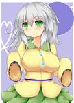  blush breasts commentary_request green_hair komeiji_koishi large_breasts looking_at_viewer miniskirt no_hat no_headwear revision silver_hair skirt sleeves_past_wrists smile solo symbol-shaped_pupils touhou us2s 