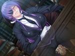  1boy 1girl black_lilith blush book breasts butler censored chair clothed_sex cum cum_in_pussy erect_nipples eyepatch female formal game_cg gloves hetero kagami_hirotaka large_breasts long_hair necktie onmyou_kishi_towako open_mouth orgasm penis purple_hair sex shiki_reika sitting sitting_on_person suit sweat table through_clothes vaginal yellow_eyes 