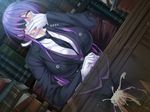  1boy 1girl black_lilith blush book breasts butler censored chair clothed_sex cum cum_in_pussy erect_nipples eyepatch female formal game_cg gloves hetero kagami_hirotaka large_breasts long_hair necktie onmyou_kishi_towako open_mouth orgasm penis purple_hair saliva sex shiki_reika sitting sitting_on_person suit sweat table through_clothes vaginal yellow_eyes 