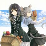  ;) animal_ears apple back-to-back bag baguette bangs basket blue_sky bread capelet cloud day dress food fruit gradient_hair grapes groceries grocery_bag hijiri_byakuren juliet_sleeves layered_dress long_hair long_sleeves looking_at_viewer looking_back messy_hair mouse_ears mouse_tail multicolored_hair multiple_girls nazrin one_eye_closed open_mouth outdoors paper_bag puffy_sleeves shimada_sara shopping_bag silver_eyes silver_hair skirt skirt_set sky smile tail touhou yellow_eyes 