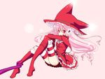  animal_hat bad_id bad_pixiv_id boots capelet cat_hat figuneria_(sennen_sensou_aigis) full_body hat hat_with_ears knee_boots nachisuke pink_background pink_hair red_eyes red_footwear sennen_sensou_aigis solo striped striped_legwear tentacles thighhighs witch_hat 