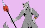  abs aetherel anthro balls canine chest_tuft claws fully_sheathed fur gradient_background looking_at_viewer male mammal melee_weapon navel negger nipples nude pink_background polearm sheath simple_background smile solo spear tuft weapon wolf 
