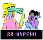  alpha_channel animated anthro black_hair blonde_hair blue_hair bratty_(undertale) cat catty_(undertale) cleavage clothed clothing crocodile duo ear_piercing english_text feline female fur hair laugh limedeity lipstick mammal multicolored_hair open_mouth piercing pink_eyes purple_fur purple_hair reptile scalie smile text tongue undertale yellow_eyes 