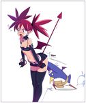  1girl bag belt black_gloves black_legwear black_skirt bracelet choker demon_girl demon_tail demon_wings disgaea earrings elbow_gloves etna flat_chest gloves jewelry kanchou makai_senki_disgaea microskirt miniskirt navel open_mouth pink_hair pointy_ears prinny skirt skull_earrings standing stomach surprised sweat tail thighhighs twintails typo_(requiemdusk) wings 