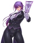  1girl breasts butler cameltoe character_request eyepatch female formal gloves hand_on_own_chest kagami_hirotaka large_breasts long_hair looking_at_viewer ofuda onmyou_kishi_towako partially_visible_vulva purple_hair shiki_reika skin_tight smile solo taimanin_asagi_battle_arena yellow_eyes 