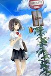  bad_id bad_pixiv_id bag bangs black_hair black_skirt blouse blue_sky bow bug bus_stop butterfly cellphone cloud cloudy_sky condensation_trail day feet_out_of_frame holding holding_phone insect ivy kneehighs looking_away original outdoors overgrown parted_lips phone plant pleated_skirt red_bow road_sign school_bag school_uniform shimada_sara short_hair shoulder_bag sign skirt sky socks solo vines white_blouse white_legwear wind 