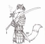  0laffson 2018 anthro black_nose canine clothed clothing fox fur hair holding_object holding_weapon male mammal melee_weapon simple_background sword traditional_media_(artwork) weapon white_background 