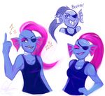  blush english_text eye_patch eyewear female hair looking_at_viewer marine pink_hair ponytail solo text undertale undyne unknown_artist 