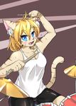  2015 action_pose ahoge artist_request blonde_hair blue_eyes blush cat chaora chest_tuft cleavage clothed clothing cymbals digital_media_(artwork) drum drumsticks feline female fur furry hair inner_ear_fluff mammal musical_instrument open_mouth pattern_background shorts simple_background sitting solo sweat tuft 