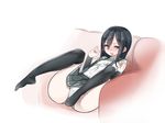  alternate_eye_color arm_warmers asashio_(kantai_collection) black_hair black_legwear blush couch dress_shirt green_eyes highres kantai_collection long_hair mitsudoue open_mouth panties pleated_skirt school_uniform shirt skirt solo spread_legs suspenders thighhighs underwear white_panties 