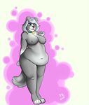  2015 anthro belly blue_eyes breasts canine chubby collar dog female fur grey_fur hair husky malamute mammal navel nude obese open_mouth overweight paws silver_hair smile solo standing stomach temari-brynn wide_hips 