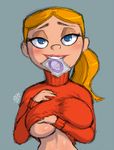  1girl blonde_hair blue_eyes blush breasts condom condom_in_mouth lips looking_at_viewer milf mouth_hold ponytail randomboobguy sweater the_grim_adventures_of_billy_&amp;_mandy 