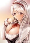  anna_(sennen_sensou_aigis) breasts cleavage hairband huge_breasts long_hair looking_at_viewer nannacy7 red_eyes sennen_sensou_aigis silver_hair smile solo upper_body 