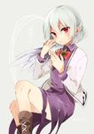  bow dress jacket kishin_sagume long_sleeves open_clothes open_mouth ponpoko purple_dress red_eyes shirt short_hair silver_hair single_wing solo touhou wings 