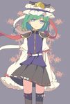  black_skirt blue_eyes busujima_(kusahana) flower frown green_hair hat highres long_sleeves looking_at_viewer ribbon shiki_eiki short_hair shoulder_pads simple_background skirt sleeves_past_wrists solo thighhighs touhou zettai_ryouiki 