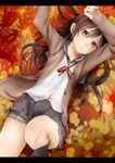  akino_shuu autumn_leaves black_hair hand_on_forehead iroha_kaede letterboxed long_hair lying navel on_back original pleated_skirt red_eyes school_uniform serafuku skirt solo 