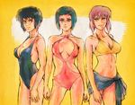  bikini black_hair blue_hair breasts clothes_around_waist contrapposto cowboy_shot ghost_in_the_shell ghost_in_the_shell_arise ghost_in_the_shell_stand_alone_complex km2 kusanagi_motoko large_breasts looking_at_viewer medium_breasts multiple_girls multiple_persona one-piece_swimsuit purple_eyes purple_hair red_eyes short_hair smile standing swimsuit 