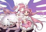  blush bow closed_eyes dual_persona gloves hair_bow highres holding_hands interlocked_fingers kaname_madoka long_hair looking_at_viewer magical_girl mahou_shoujo_madoka_magica multiple_girls open_mouth pink_eyes pink_hair pink_legwear rin2008 short_hair smile thighhighs twintails ultimate_madoka very_long_hair white_gloves 