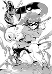  :d bike_shorts domino_mask greyscale gun headgear highres holding inkling kneeling long_hair long_sleeves looking_at_viewer mask monochrome n-zap_(splatoon) open_mouth paint_splatter shoes single_vertical_stripe smile solo splatoon_(series) splatoon_1 sprinkler_(splatoon) sweater takano_itsuki tentacle_hair throwing weapon 