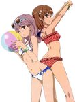  ass ass-to-ass ball bikini breasts brown_eyes brown_hair cleavage extraction highres holding holding_ball looking_at_viewer meigo_arisa misaka_mikoto multiple_girls navel purple_hair small_breasts smile swimsuit to_aru_majutsu_no_index transparent_background underboob vector_trace 