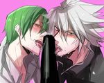  2boys blush dildo ehoumaki food green_hair hazama heterochromia kaneaki_mukku licking looking_at_viewer makizushi male_focus multiple_boys naughty_face pink_background pov ragna_the_bloodedge saliva sex_toy sexually_suggestive silver_hair simple_background upper_body yaoi yellow_eyes 