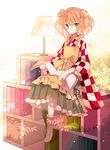  apron bad_id bad_twitter_id bell book bookshelf boots checkered cierra_(ra-bit) cross-laced_footwear full_body hair_bell hair_ornament japanese_clothes lace-up_boots long_sleeves motoori_kosuzu open_book orange_eyes orange_hair ribbon sitting skirt solo touhou two_side_up wide_sleeves 