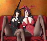  absurdres animal_ears baru_(val-val) black_hair breasts bunny_ears bunnysuit elbow_gloves flat_chest gigantic_breasts gloves highres long_hair looking_at_viewer mole mole_on_breast multiple_girls necktie original pantyhose ponytail purple_eyes purple_hair smile spread_legs wrist_cuffs 