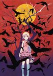  bird blonde_hair dress flock frilled_dress frills highres kiss-shot_acerola-orion_heart-under-blade kizumonogatari looking_at_viewer monogatari_(series) moon official_art oshino_shinobu raven_(animal) red_eyes short_hair skull sleeveless solo 