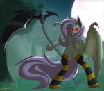  2015 absurd_res anthro bat_pony bat_wings clothing equine female flutterbat_(mlp) fluttershy_(mlp) friendship_is_magic full_moon fur glowing glowing_eyes grin hair halloween hi_res holidays hooves legwear long_hair looking_at_viewer mammal melee_weapon moon my_little_pony outside red_eyes scythe silverfox057 solo standing striped_legwear stripes thigh_highs tree weapon wings 