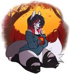  2015 angelina_marie anthro autumn beverage canine clothing coffee female food geekidog leaves legwear mammal sweater thigh_highs tree two-toned_hair wolf 