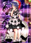  blue_eyes blue_hair doremy_sweet dress glowing glowing_eye hat heterochromia highres nightcap pointy_ears pom_pom_(clothes) prehensile_hair shirt short_hair skirt skull smile solo tail tapir_tail teikoku_gensui touhou 