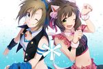  animal_ears asterisk_(idolmaster) breasts brown_hair cat_ears cat_tail chaka_(chaka3o3) green_eyes headphones idolmaster idolmaster_cinderella_girls maekawa_miku medium_breasts midriff multiple_girls one_eye_closed open_mouth over_the_collar short_hair smile tada_riina tail 