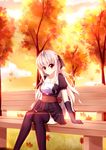  bench highres long_hair looking_at_viewer original park_bench red_eyes sitting smile solo thighhighs violetsang white_hair 