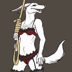  anapnea anthro bra canine claws clothing fangs female fur garter_straps grey_background jackal lingerie mammal navel noose nuit_(anapnea) red_eyes rope simple_background solo standing tattoo underwear white_fur 