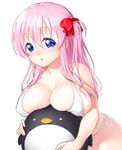  :o ball bikini blue_eyes blush bow breast_press breasts covered_nipples hair_bow haramura_nodoka large_breasts looking_at_viewer one_side_up onsoku_maru pink_hair saki side-tie_bottom solo swimsuit white_bikini 