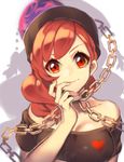  bad_id bad_pixiv_id breasts chain cheong_ha cleavage clothes_writing collar collarbone ears finger_to_cheek gold_chain hat head_tilt heart hecatia_lapislazuli large_breasts long_hair off-shoulder_shirt polos_crown red_eyes red_hair shirt silhouette smile solo touhou upper_body white_background 