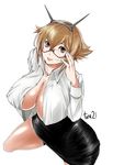  artist_name breasts brown_eyes glasses highres huge_breasts kantai_collection light_smile lips looking_at_viewer mutsu_(kantai_collection) open_clothes open_shirt shirt short_hair simple_background skirt solo thighs tuna21 white_background 