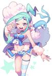  ;d altaria bad_id bad_pixiv_id bird blue_eyes blue_hair devy earrings gen_3_pokemon highres jewelry lucia_(pokemon) one_eye_closed open_mouth pokemon pokemon_(creature) pokemon_(game) pokemon_oras ponytail round_teeth short_hair short_shorts shorts signature single_thighhigh smile striped striped_legwear teeth thighhighs white_background wrist_cuffs 