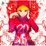  1girl 2018 bangs blonde_hair breasts erica_june_lahaie happy_new_year hood large_breasts new_year original parted_lips purple_scarf red_eyes scarf short_hair signature smile solo sweater upper_body watermark web_address 