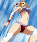  1girl bikini blonde_hair blue_eyes bra breasts erect_nipples female highres large_breasts leina open_mouth panties queen&#039;s_blade queen's_blade solo stitched swimsuit underwear 