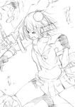  cannon clenched_hand greyscale grin hair_ornament hat highres kantai_collection maya_(kantai_collection) midriff mini_hat miniskirt monochrome niwatazumi punching remodel_(kantai_collection) sketch skirt smile 