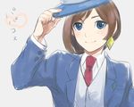  blue_eyes blue_hat brown_hair cosplay formal gyakuten_saiban hat jewelry mksb_(3548) naruhodou_minuki naruhodou_ryuuichi naruhodou_ryuuichi_(cosplay) necktie red_neckwear short_hair single_earring smile solo suit upper_body white_background 